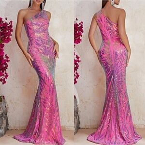 Lux Hot Pink one shoulder,  Contrast Sequined,  Sleeveless,  Mermaid, go…